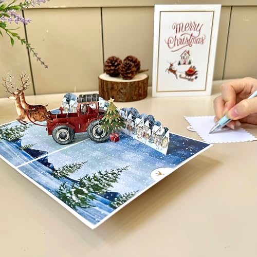 AIMEEOI Vintage Christmas Card with Santa in Red Truck & Reindeer, 5x7 Holiday Greeting with Envelopes, Unique Pop Up Design