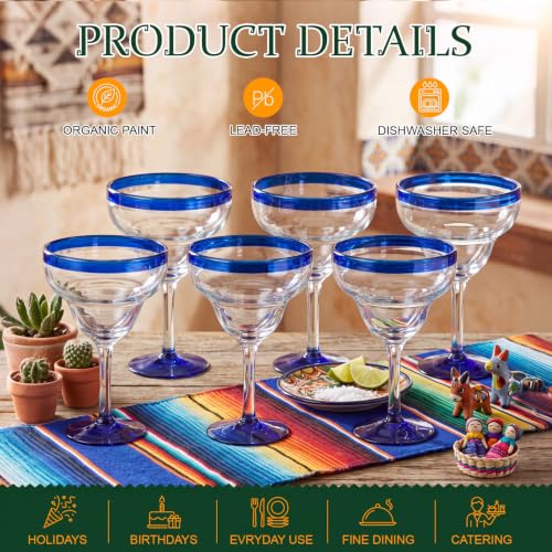 Vesici 6-Pack Hand-Blown Mexican Margarita Glasses 16oz with Cobalt Blue Rim