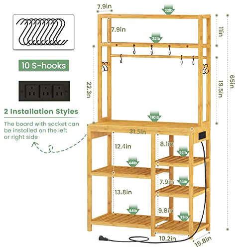 FORABAMB 31.5''W Bamboo Bakers Rack with Power Outlets, 8-Tier Kitchen Storage Shelf