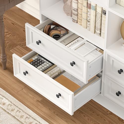 71-Inch Tall Double Wide Bookshelf with 4 Drawers, Modern White Storage Unit