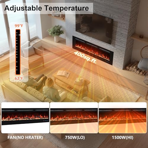 48-Inch Electric Fireplace Insert, Recessed & Wall-Mounted Heater