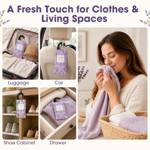 Lavender Hanging Scented Sachets (12 Pack) - Long-Lasting Closet Deodorizer