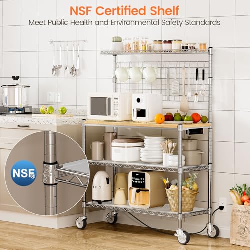 4-Tier Bakers Rack with Power Outlet, Kitchen Microwave Stand on Wheels