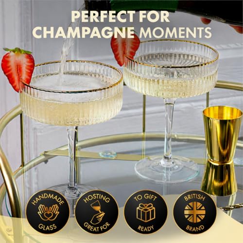 VEMACITY Set of 4 10oz Ribbed Espresso Martini Glasses with Gold Rims | Vintage Cocktail Coupe Glassware for Margaritas & More