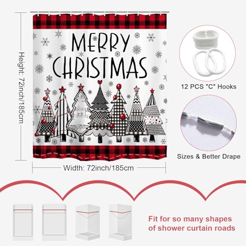 Baccessor Merry Christmas Tree Shower Curtain 72x72 in, Red Buffalo Plaid Snowy Trees Waterproof