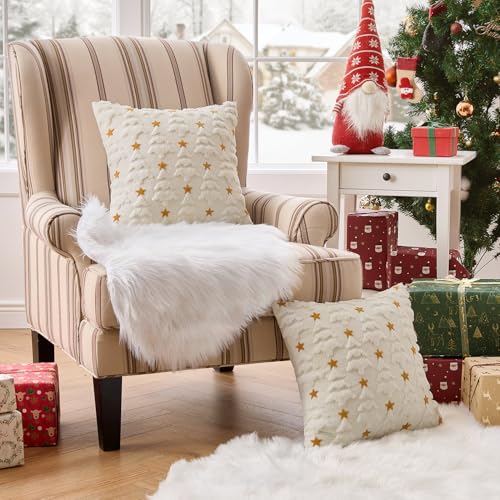 MIULEE 20x20 Cream White Christmas Tree Pillow Covers (Set of 2), Plush Faux Fur & Velvet Back, 3D Tree Design