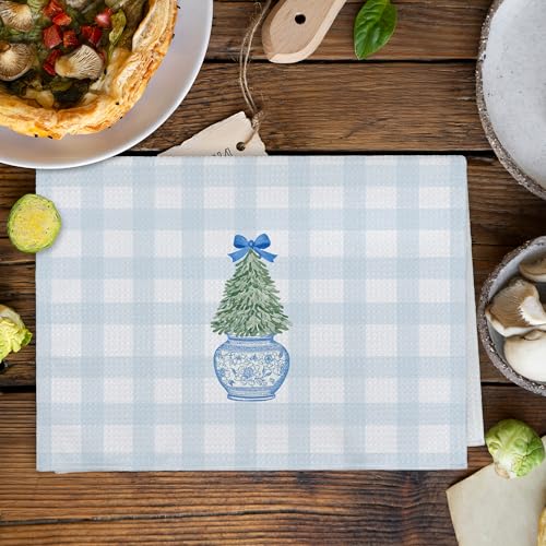 XNXLDYLH Chinoiserie Christmas Wreath Kitchen Towel Set - 2 Blue & White Holiday Dishcloths, 16x24 inches