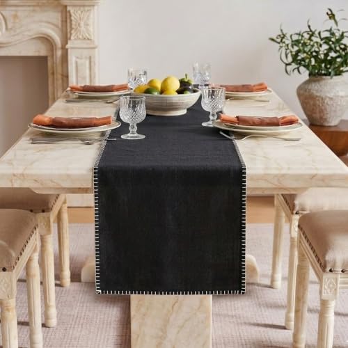 LFH Home Cotton Rich Table Runner 18x72 Black with Blanket Stitch