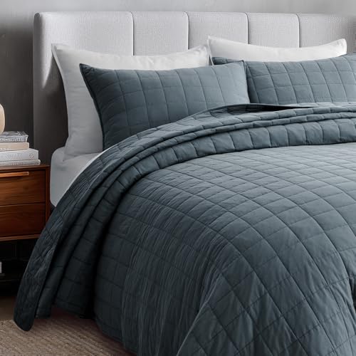 100% Cotton Box Stitch Quilt Set, Queen, Midnight Blue - 3 Piece Bedding