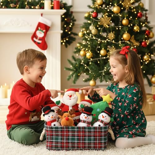 INough Red Christmas Gift Basket with Handles - Empty Collapsible Storage Bin, 13.8 x 10.2 x 5.1in, Water-Resistant Canvas