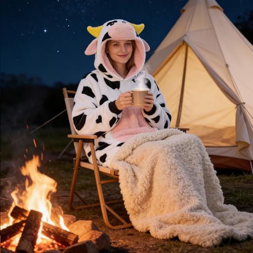 JUOLOET Pink Cow Wearable Blanket Hoodie for Adults, Hooded Sherpa Fleece with Pocket
