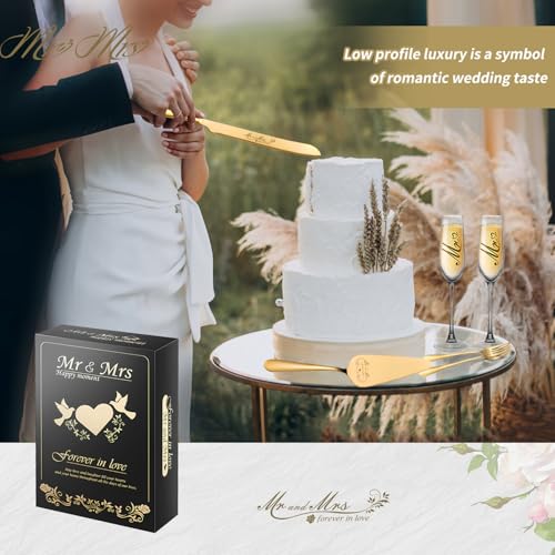 Mr and Mrs Champagne Flutes & Wedding Cake Knife Set (Gold, 4 Pieces) - Bltnever