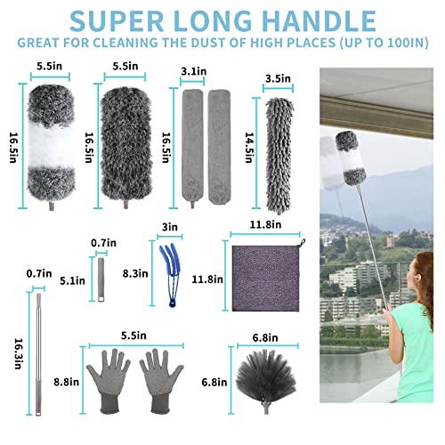 Extendable Microfiber Duster Set with 100-Inch Pole for High Ceilings & Fans