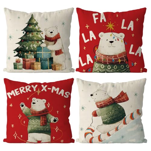 Christmas Polar Bear Pillow Covers Set of 4 18x18 Inches Holiday Home Decor