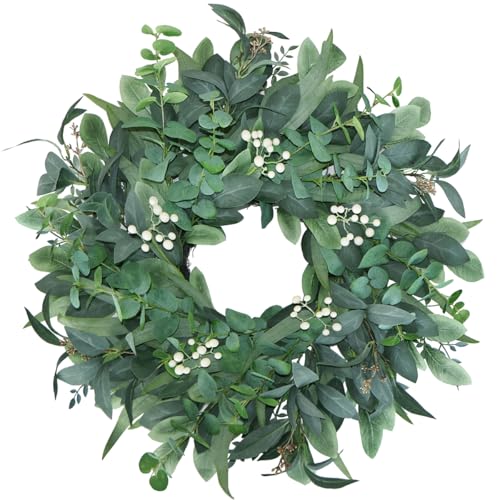 24-26 Inch Eucalyptus Wreath with White Berries for Front Door Decor