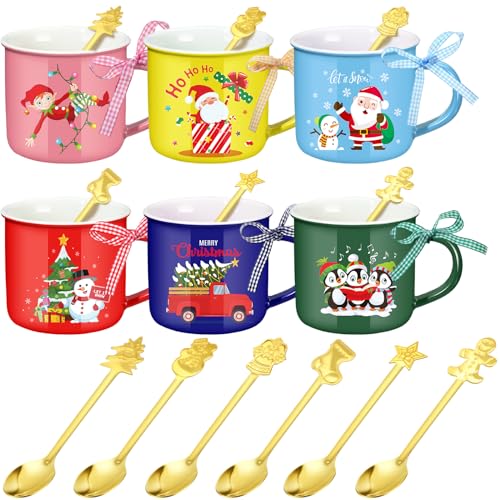 Baderke 6-Piece 11 oz Christmas Mugs with Spoons – Cute Gift Set