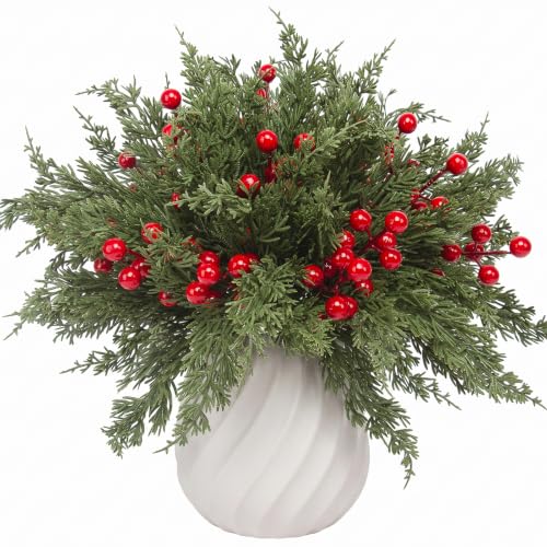 Lovemoon 70 Pcs Artificial Pine Branches Red Berry Stems Christmas Greenery