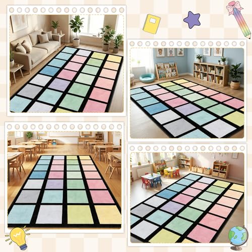 Large Pastel Squares Classroom Rug, 7.6x12 ft Washable Educational Area Mat