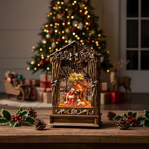 Musical Nativity Scene Lighted Snow Globe Lantern with Swirling Glitter
