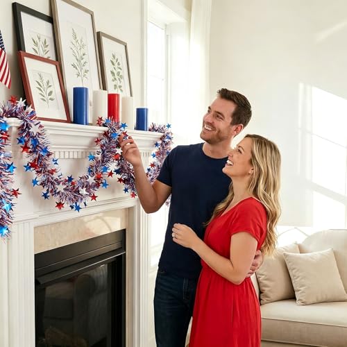50ft Patriotic Tinsel Garland - Red White & Blue Metallic Star Decor