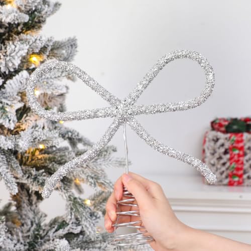 Retisee Silver 9.8 Inch Bow Christmas Tree Topper with LED Rhinestones