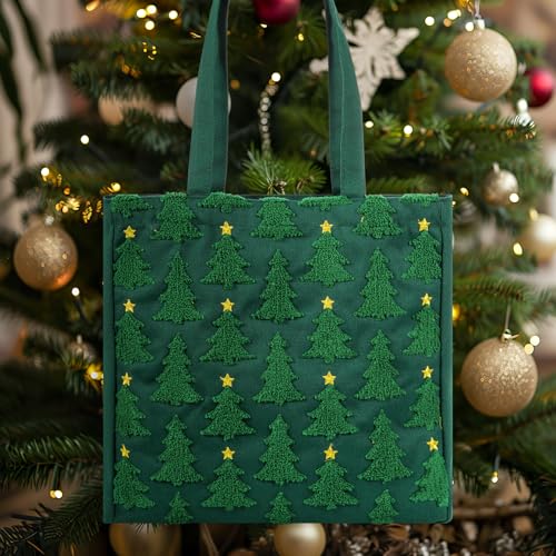 Christmas Embroidery Tote Bag with Green Xmas Tree Pattern, Reusable Canvas Bag