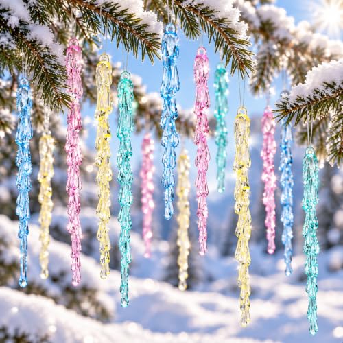LFUTARI 30 Pcs Pastel Icicle Christmas Ornaments - Candy Theme, Crystal Finish, Twisted Design