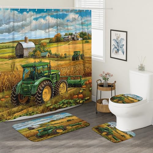 Green Tractor Farmhouse Bathroom Decor Set - 4 Piece Curtain & Rugs