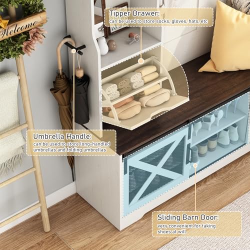 Large LED Farmhouse Hall Tree with Entryway Bench and Shoe Storage