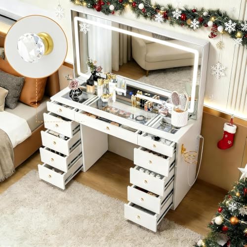 11-Drawer Vanity Desk with LED Mirror, Glass Top, and Charging Station