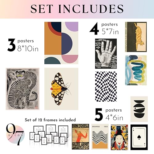 97 Decor Eclectic Wall Art Prints Set - 12 Pcs Retro & Abstract Gallery Wall Decor