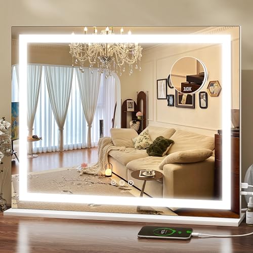 ROLOVE 23x18 Inch Makeup Mirror with Lights, Detachable Magnifier