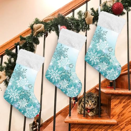 ALAZA Personalized Silver Teal Christmas Stocking 17.7" with Snowflakes - Family Holiday Decor