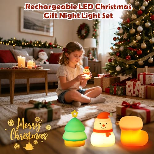ollycasa Christmas Night Light Set of 3 – Rechargeable Dimmable Snowman, Tree & Boot Night Lights (Variation: Christmas set)