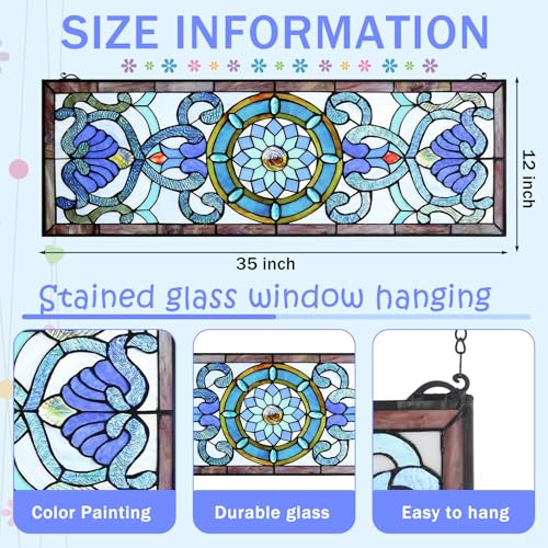 Victorian Stained Glass Window Panel - 35 x 12 Inches, Blue Design