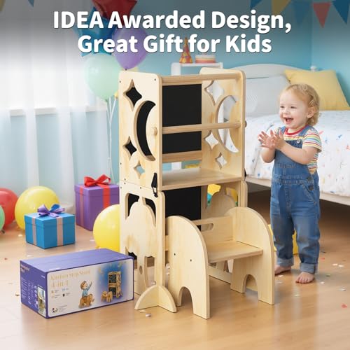 4-in-1 Toddler Kitchen Stool Helper with Blackboard and Detachable Chair