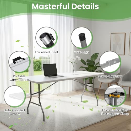 6ft Heavy Duty Folding Table, Portable HDPE Plastic Fold-in-Half Table