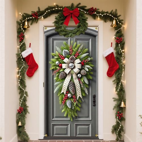 Frosted Pine Swag Christmas Door Cover, 35x71 Inch Holiday Wall Backdrop