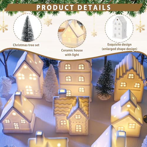 White Ceramic Christmas Village Set with LED Houses, Trees & Lamp Posts