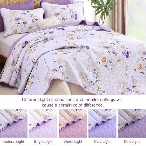 Light Purple Floral Quilt Set Queen - 3 Piece Reversible Bedspread with Shams