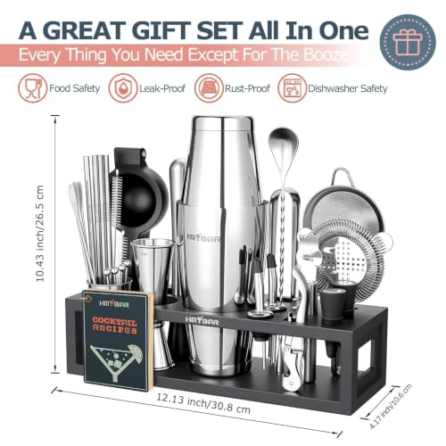 HMYBAR Black+Black 31-Piece Cocktail Shaker Set with Bamboo Stand & Recipe Cards