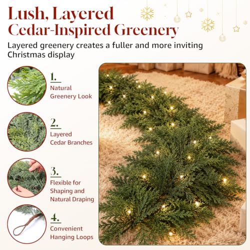 AUMERUNE 9FT Christmas Garland with Lights - Realistic Cedar, Full & Lush, Remote Control Modes