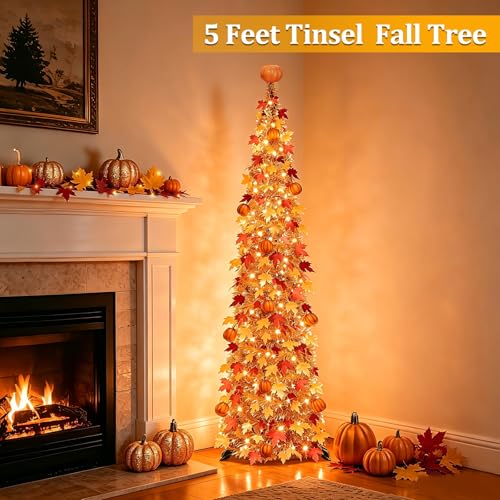 5FT Fall Tree with 50 Warm White Lights and Pumpkins - Battery Operated Halloween Decor