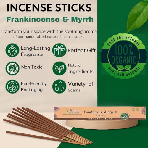 Organic Frankincense and Myrrh Incense Sticks - 100 Count Natural Hand-Dipped