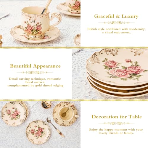 YOLIFE Pink Rose Tea Saucers Set of 4, 5.8-Inch Fine Porcelain Tea Plates
