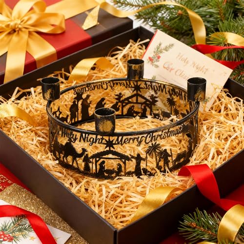Metal Nativity Scene Advent Wreath Candle Holder - Christmas Centerpiece