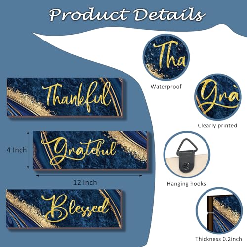 3-Piece Blue and Gold Wall Decor - Thankful Grateful Blessed Art Set