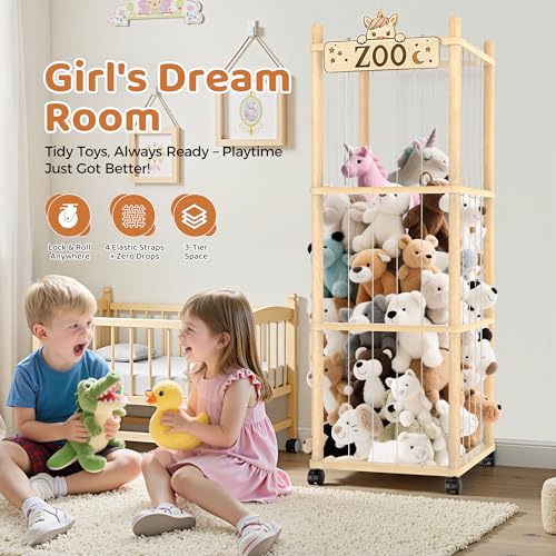 56-Inch Wooden Stuffed Animal Storage Zoo Tower - Mobile Toy Organizer