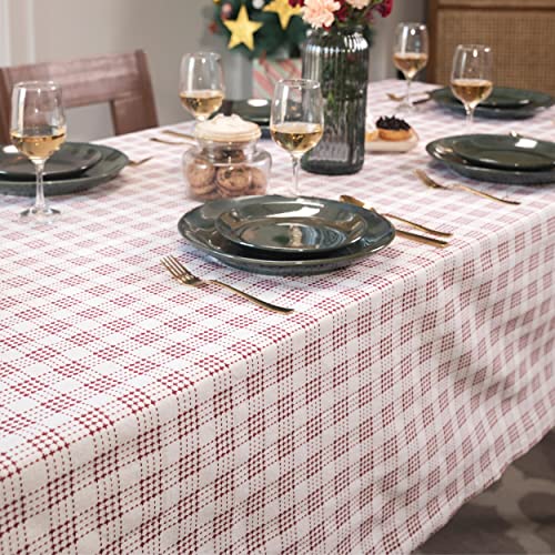Folkulture Red Christmas Tablecloth 60 x 72 Inches with Season Stripe Pattern, Cotton Rustic Decor
