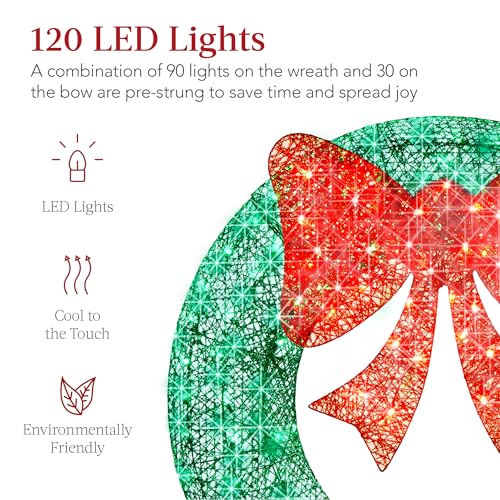 36in Pre-Lit Outdoor Christmas Wreath with 120 LED Lights & Red/Green Bow - Weatherproof Holiday Decor